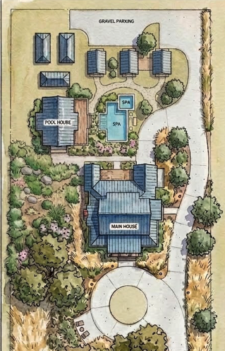 Watercolor property layout of The Annie Inn at 435 N. Washington in Round Top, Texas, aerial view showing main house, pool house, pool, spa, gravel parking, landscaped gardens, live oak trees, and circular driveway